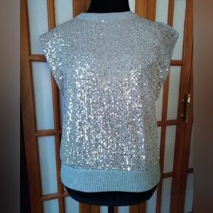 Beautiful Womens Sequined Sweater Vest, New, By INC, Sz. M Light Gray